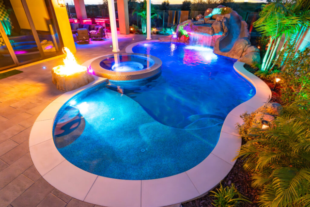 Colorful Pool and Spa with Artificial Rockwork